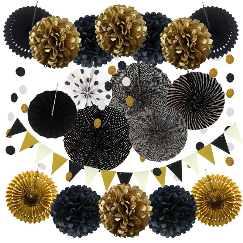 ZERODECO Party Decoration, 21 Pcs Black and Gold Hanging Paper Fans, Pom Poms Flowers, Garlands String Polka Dot and Triangle Bunting Flags for Birthday Parties Wedding DÃ©cor, Table & Wall Decorations - Image 1